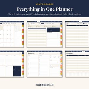 Puede incluir: Una interfaz de planificador digital titulada Everything in One Planner, que presenta seis dise&ntilde;os distintos que incluyen calendarios mensuales, presupuesto de n&oacute;mina, seguimiento de facturas, p&aacute;ginas semanales y diarias, y reducci&oacute;n de deudas. Dise&ntilde;o con fondo crema, encabezados azul oscuro y pesta&ntilde;as laterales coloridas.