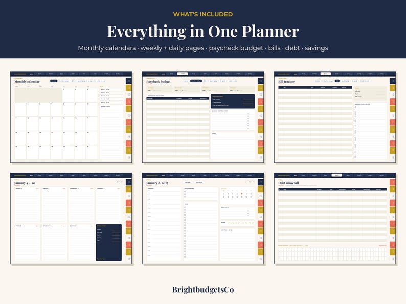 Puede incluir: Una interfaz de planificador digital titulada Everything in One Planner, que presenta seis dise&ntilde;os distintos que incluyen calendarios mensuales, presupuesto de n&oacute;mina, seguimiento de facturas, p&aacute;ginas semanales y diarias, y reducci&oacute;n de deudas. Dise&ntilde;o con fondo crema, encabezados azul oscuro y pesta&ntilde;as laterales coloridas.