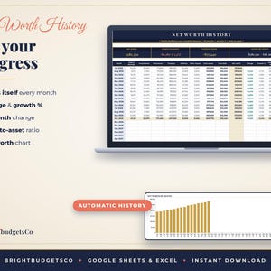 May include: A digital net worth history tracker displayed on a laptop screen and a separate chart window. The interface features columns for savings, investments, property, vehicles, and debt, with text including Net Worth History and See your progress.