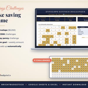 Puede incluir: Un rastreador digital de desaf&iacute;os de ahorro mostrado en la pantalla de una computadora port&aacute;til y una tableta. La interfaz presenta el texto Envelope Savings Challenges, una cuadr&iacute;cula de 100 sobres con casillas de verificaci&oacute;n y una tabla.