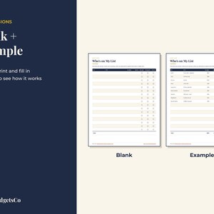 May include: Two printable planner pages titled Who's on My List, featuring a dark blue header and a table with columns for name, gift idea, budget, and checkboxes. One page is blank, and the other is filled with example data for gift tracking.