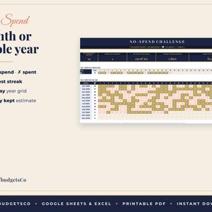 May include: A digital no-spend challenge tracker featuring a 365-day grid, monthly and yearly progress sections, and a summary dashboard. The layout includes checkboxes for no-spend days, a streak counter, and a money kept estimate section.