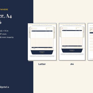May include: A digital printable budget planner set featuring US Letter 8.5 x 11 inch, A4 210 x 297 mm, and A6 105 x 148 mm inserts. The layout includes sections for tracking expenses, income, and savings with a dark blue and cream color scheme.
