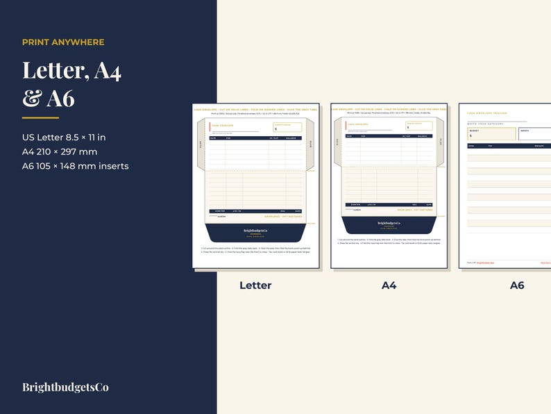 May include: A digital printable budget planner set featuring US Letter 8.5 x 11 inch, A4 210 x 297 mm, and A6 105 x 148 mm inserts. The layout includes sections for tracking expenses, income, and savings with a dark blue and cream color scheme.