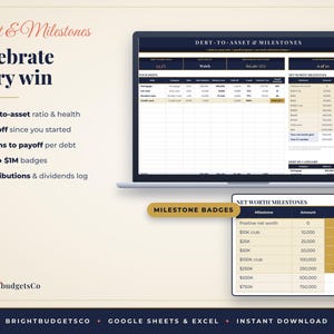 May include: A digital financial tracker displayed on a laptop and tablet screen, titled Debt & Milestones. The interface features tables for debt-to-asset ratios, net worth milestones, and debt payoff progress with gold and dark blue color schemes.