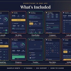 May include: A digital interface display titled Everything in One App What's Included, featuring ten dark-themed mobile application screens. These screens show financial tracking tools including debt payoff plans, payment logs, progress charts, calendars, and settings menus with various data points and progress bars.
