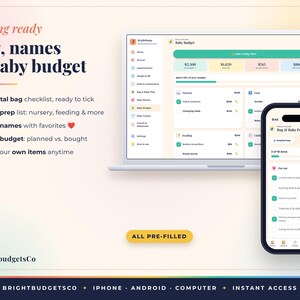 May include: A digital baby planning dashboard displayed on a laptop and smartphone screen. The interface features sections for a hospital bag checklist, baby prep list, baby names, and a baby budget tracker with pre-filled data fields.