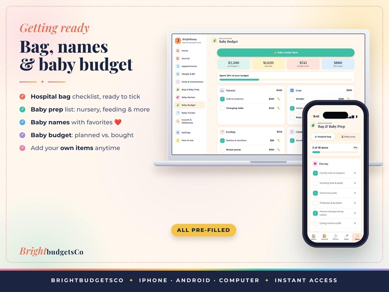 May include: A digital baby planning dashboard displayed on a laptop and smartphone screen. The interface features sections for a hospital bag checklist, baby prep list, baby names, and a baby budget tracker with pre-filled data fields.