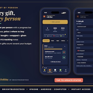 May include: A digital gift tracking application interface displayed on two smartphones. The dark-themed UI features lists for gift ideas, budget progress bars, and status tracking for recipients like Mom and Dad, with text including Gift list by person.