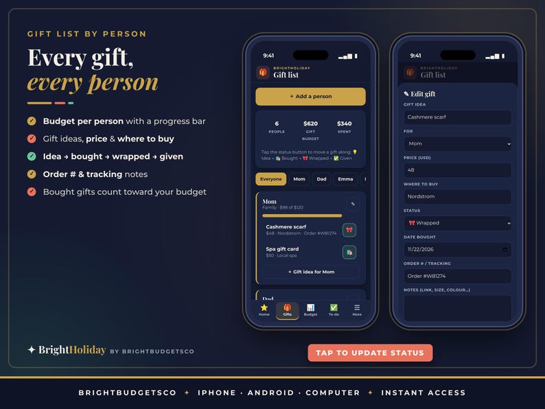May include: A digital gift tracking application interface displayed on two smartphones. The dark-themed UI features lists for gift ideas, budget progress bars, and status tracking for recipients like Mom and Dad, with text including Gift list by person.