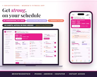 Peut inclure: Une interface d'application de fitness BrightStrong affichée sur un écran d'ordinateur portable et un smartphone. Le tableau de bord présente des éléments d'interface rose et blanc, le suivi des entraînements et des objectifs.