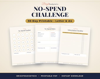No Spend Challenge Printable, 30 Day No Spend Tracker and Subscription Checklist PDF, Letter and A4