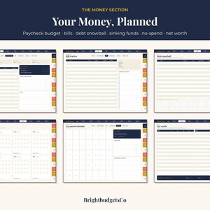 Puede incluir: Un conjunto de planificadores financieros digitales titulado The Money Section: Your Money, Planned. Incluye seis plantillas: Paycheck budget, Bill tracker, Debt snowball, Sinking funds, No-spend calendar y Net worth, con dise&ntilde;os en azul oscuro y crema.