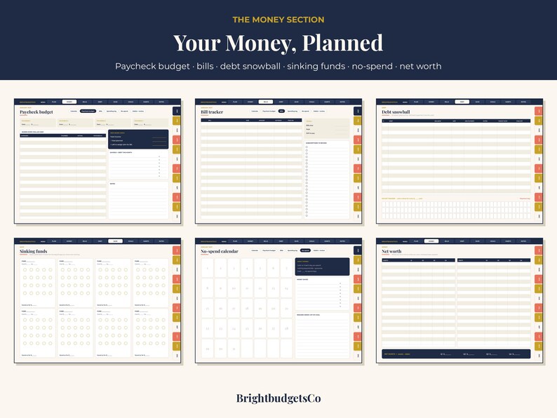 Puede incluir: Un conjunto de planificadores financieros digitales titulado The Money Section: Your Money, Planned. Incluye seis plantillas: Paycheck budget, Bill tracker, Debt snowball, Sinking funds, No-spend calendar y Net worth, con dise&ntilde;os en azul oscuro y crema.
