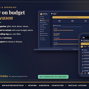 May include: A digital budget and spending tracker application displayed on a laptop and smartphone. The interface features dark blue backgrounds with gold accents, showing categories like gifts, food, and travel, with text including Stay on budget all season and No surprises in January.
