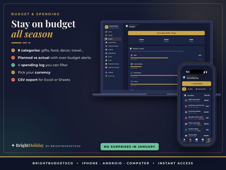 May include: A digital budget and spending tracker application displayed on a laptop and smartphone. The interface features dark blue backgrounds with gold accents, showing categories like gifts, food, and travel, with text including Stay on budget all season and No surprises in January.