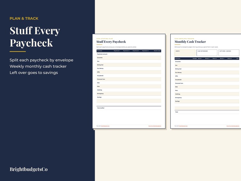 May include: Two white financial planning sheets with dark blue and cream accents. The left sheet is titled Stuff Every Paycheck and the right sheet is titled Monthly Cash Tracker. Both feature tables for tracking expenses, budget categories, and savings.
