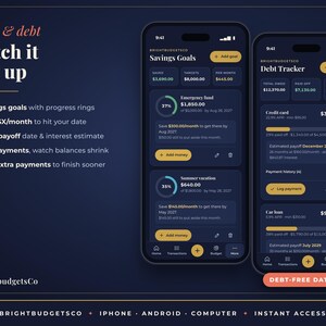 May include: Two smartphones displaying a financial management application with a dark blue interface. The screens show Savings Goals and Debt Tracker dashboards with progress rings, numerical data, and buttons labeled Add goal and Add debt.