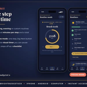 May include: A digital interface for a routine tracking application displayed on two smartphones. The screens show a dark theme with yellow accents, featuring a visual timer, a checklist of daily tasks, and navigation menus for morning and evening routines.