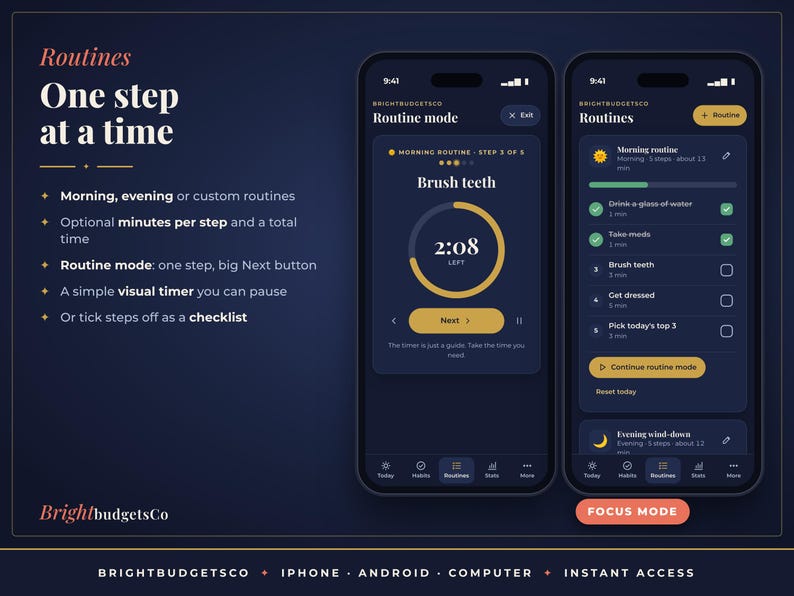 May include: A digital interface for a routine tracking application displayed on two smartphones. The screens show a dark theme with yellow accents, featuring a visual timer, a checklist of daily tasks, and navigation menus for morning and evening routines.