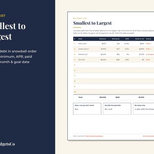 May include: A debt tracker worksheet titled My Debt List: Smallest to Largest. The document features a table with columns for debt, balance, minimum, APR, paid so far, and status, plus sections for extra monthly payments and goal dates.