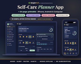 Peut inclure: Une application de planification de soins personnels numérique affichée sur un écran d'ordinateur portable et de smartphone. L'interface présente des fonds bleu foncé avec du texte clair, des suivis d'humeur et des journaux d'habitudes.