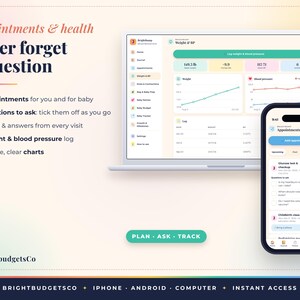 May include: A digital health tracking interface displayed on a laptop and smartphone. The screen shows text reading Appointments & health, Never forget a question, and PLAN ASK TRACK. Features include logs for weight, blood pressure, and appointments.