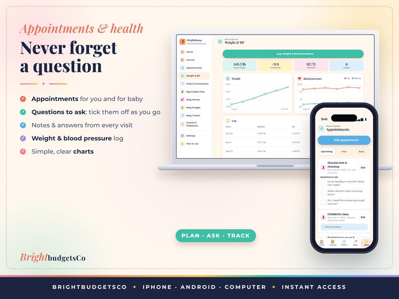 May include: A digital health tracking interface displayed on a laptop and smartphone. The screen shows text reading Appointments & health, Never forget a question, and PLAN ASK TRACK. Features include logs for weight, blood pressure, and appointments.