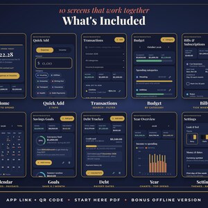 May include: A digital display showing 10 mobile app screens for budget tracking. The dark-themed interface features sections for Home, Quick Add, Transactions, Budget, Bills, Calendar, Savings Goals, Debt Tracker, Year Overview, and Settings.
