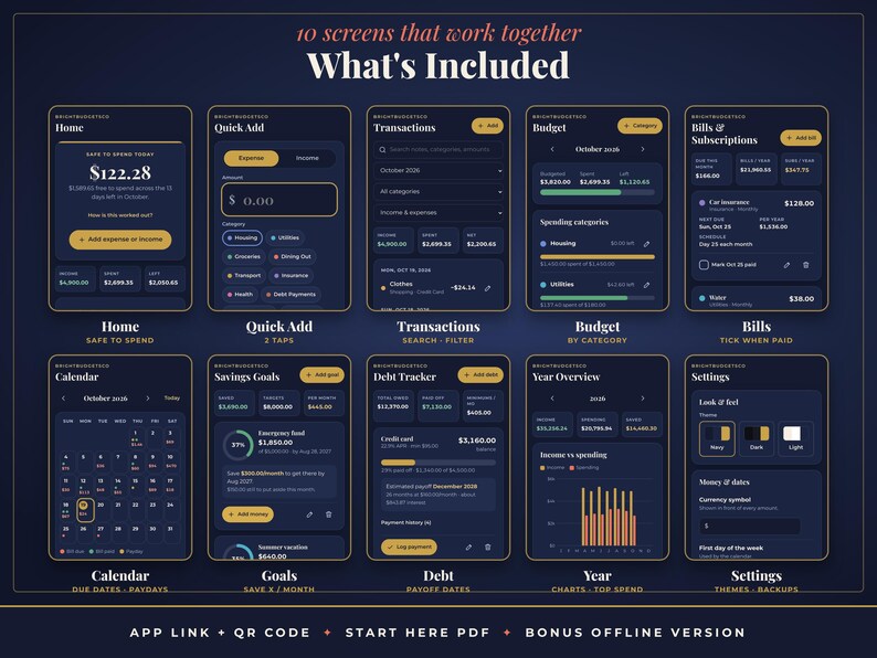 May include: A digital display showing 10 mobile app screens for budget tracking. The dark-themed interface features sections for Home, Quick Add, Transactions, Budget, Bills, Calendar, Savings Goals, Debt Tracker, Year Overview, and Settings.