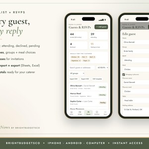 Puede incluir: Dos pantallas de smartphone que muestran una aplicaci&oacute;n de gesti&oacute;n de listas de invitados y confirmaciones. La interfaz muestra recuentos de invitados, opciones de comida y datos de contacto. El texto incluye 'Every guest, every reply' y 'BrightVows'.