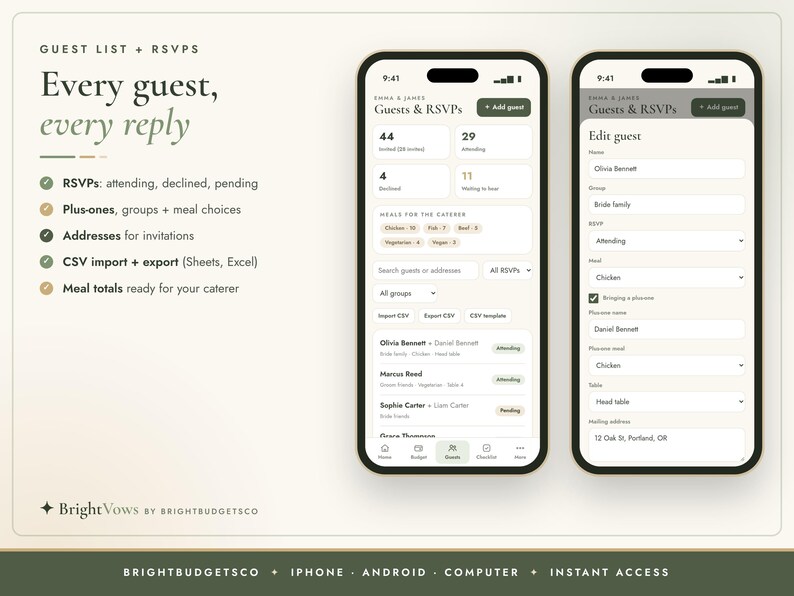 Puede incluir: Dos pantallas de smartphone que muestran una aplicaci&oacute;n de gesti&oacute;n de listas de invitados y confirmaciones. La interfaz muestra recuentos de invitados, opciones de comida y datos de contacto. El texto incluye 'Every guest, every reply' y 'BrightVows'.
