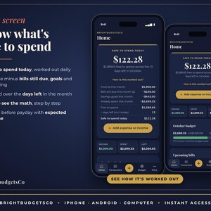 May include: Two smartphones display the BrightBudgetsCo home screen with a dark blue interface. The screen shows financial data including a safe to spend amount of $122.28, income, bills, and savings goals. Text reads Know what's safe to spend.
