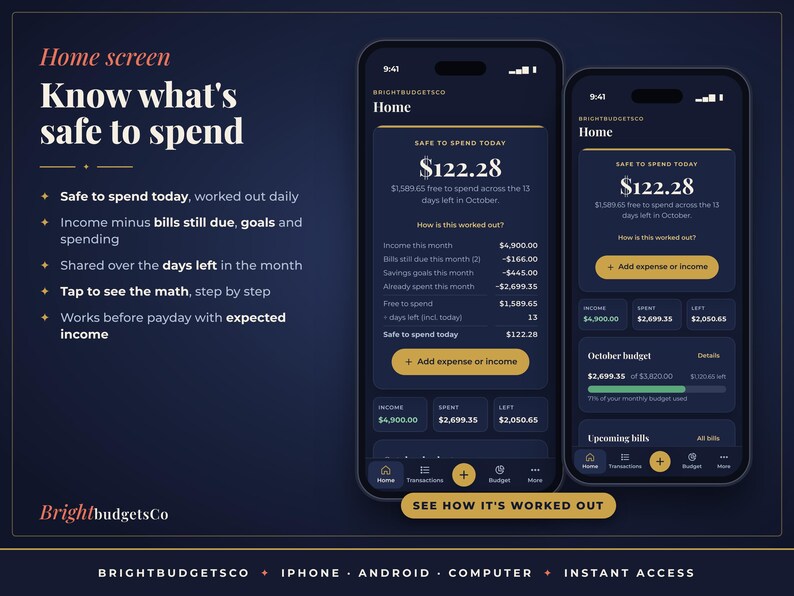 May include: Two smartphones display the BrightBudgetsCo home screen with a dark blue interface. The screen shows financial data including a safe to spend amount of $122.28, income, bills, and savings goals. Text reads Know what's safe to spend.