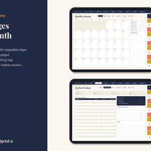 Puede incluir: Un planificador digital mostrado en dos pantallas de tableta con un calendario mensual de d&iacute;as interactivos y una p&aacute;gina de presupuesto de n&oacute;mina. El texto dice EVERY MONTH 6 Pages a Month, Calendar with tappable days, Paycheck budget, Bills + spending log, No-spend + habits review y BrightbudgetsCo.