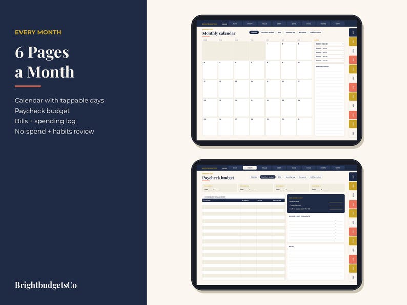 Puede incluir: Un planificador digital mostrado en dos pantallas de tableta con un calendario mensual de d&iacute;as interactivos y una p&aacute;gina de presupuesto de n&oacute;mina. El texto dice EVERY MONTH 6 Pages a Month, Calendar with tappable days, Paycheck budget, Bills + spending log, No-spend + habits review y BrightbudgetsCo.