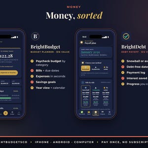 May include: Two smartphone screens displaying the BrightBudget and BrightDebt financial planning apps. The interfaces feature dark backgrounds with gold and white text, showing budget summaries, debt payoff plans, calendars, and lists of financial features.