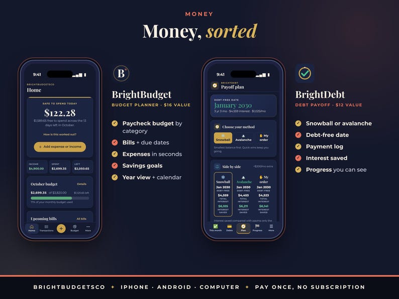 May include: Two smartphone screens displaying the BrightBudget and BrightDebt financial planning apps. The interfaces feature dark backgrounds with gold and white text, showing budget summaries, debt payoff plans, calendars, and lists of financial features.