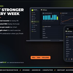 May include: A digital interface for the BrightFit app displayed on a laptop and smartphone. The screen shows progress tracking features including personal records, estimated 1RM, volume per week bar charts, and strength charts with dark mode.
