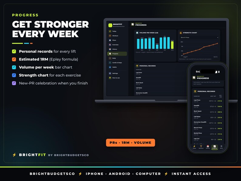 May include: A digital interface for the BrightFit app displayed on a laptop and smartphone. The screen shows progress tracking features including personal records, estimated 1RM, volume per week bar charts, and strength charts with dark mode.