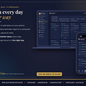 K&ouml;nnte beinhalten: Eine digitale Reiseplanungs-Schnittstelle auf einem Laptop-Bildschirm und einem Smartphone. Die Software im dunklen Design zeigt Text wie Day-by-Day Itinerary, Plan every day your way und BrightTrips by BrightBudgetsCo mit verschiedenen Reisepl&auml;nen.