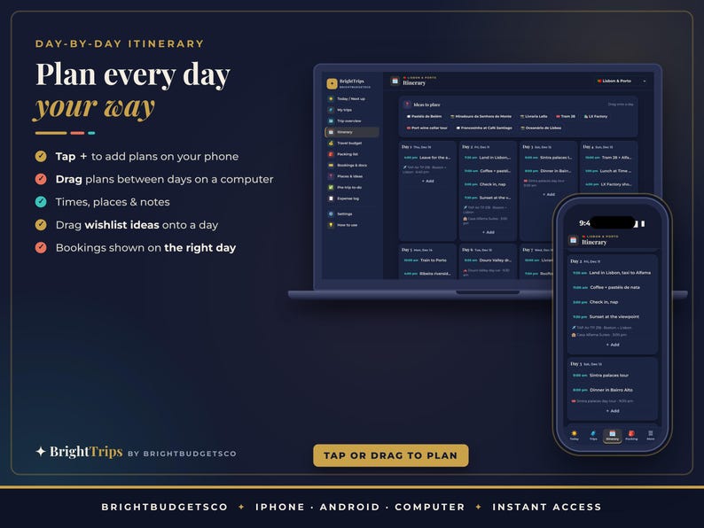 K&ouml;nnte beinhalten: Eine digitale Reiseplanungs-Schnittstelle auf einem Laptop-Bildschirm und einem Smartphone. Die Software im dunklen Design zeigt Text wie Day-by-Day Itinerary, Plan every day your way und BrightTrips by BrightBudgetsCo mit verschiedenen Reisepl&auml;nen.