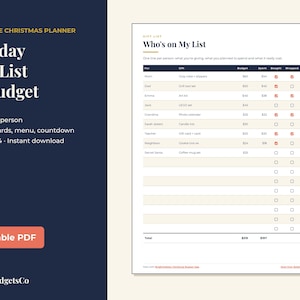 May include: A printable Christmas planner featuring a holiday gift list and budget tracker. The document includes columns for recipient names, gift descriptions, budget, spent amounts, and checkboxes for bought, wrapped, and given status.