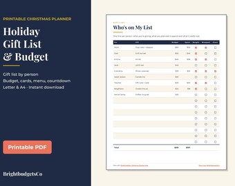 Peut inclure: Un planificateur de Noël imprimable avec une liste de cadeaux et un suivi budgétaire. Le document comprend des colonnes pour les noms des destinataires, les cadeaux, le budget, les dépenses et des cases à cocher pour le statut.