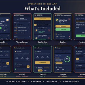 May include: A digital interface display titled Everything in One App What's Included, showcasing ten dark-themed mobile application screens. Features include a meal planner, recipe box, grocery list, pantry tracker, leftovers log, budget monitor, and settings menu with text labels.