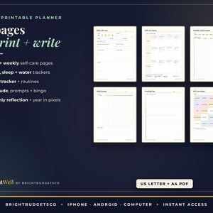 May include: A digital printable planner set featuring 24 pages including daily and weekly self-care sheets, mood, sleep, and water trackers, habit trackers, routines, gratitude prompts, bingo, monthly reflection, and year in pixels charts.