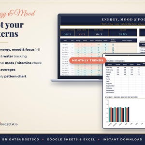 May include: A digital energy and mood tracker spreadsheet displayed on a laptop and tablet screen. The interface features tables for tracking daily energy, mood, focus, sleep, and water intake, alongside monthly averages and a bar chart for trends.