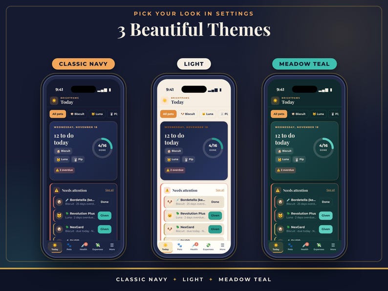 May include: Three smartphones displaying a mobile application interface with three color themes: Classic Navy, Light, and Meadow Teal. The screens show a dashboard with a '12 to do today' task list, pet icons, and a 'Needs attention' section.
