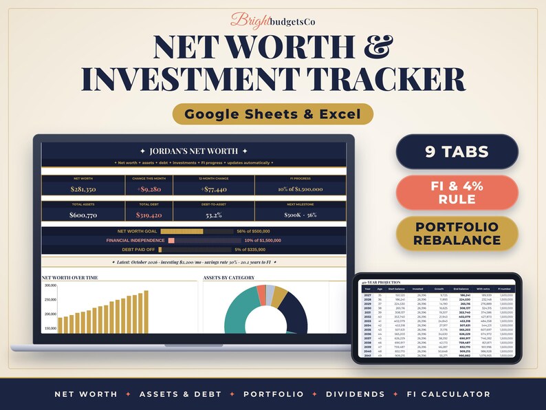 May include: A digital net worth and investment tracker for Google Sheets and Excel by BrightbudgetsCo. The interface displays financial data, including net worth, assets, debt, and investment projections, with charts, tables, and 9 tabs for tracking.
