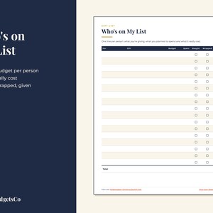 May include: A printable gift list planner titled Who's on My List with columns for recipient, gift, budget, and actual cost. It includes checkboxes for tracking if items are bought, wrapped, and given, set against a cream background.